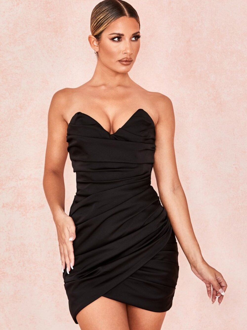 HOUSE OF CB Emanuela Black Draped Ruched Mini Dress, M
